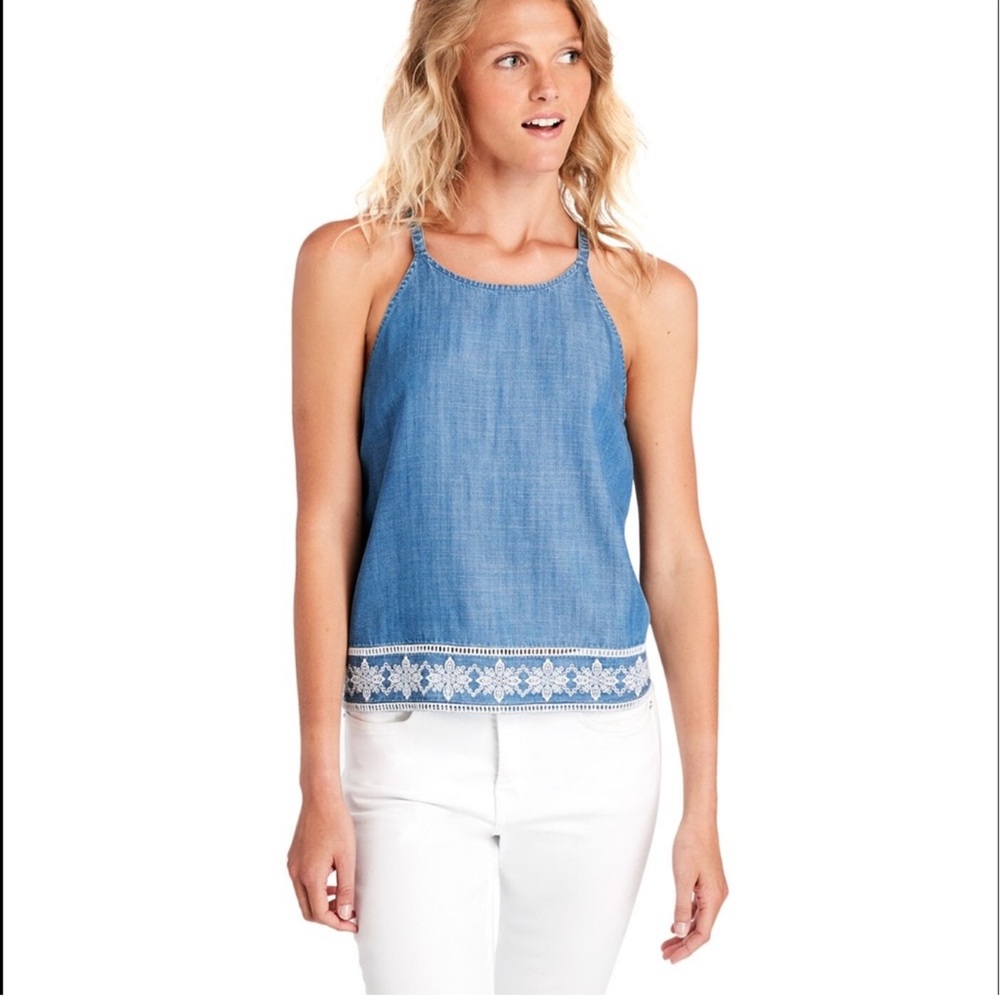 Vineyard Vines Chambray Halter Top Embroidered Hem Sz M